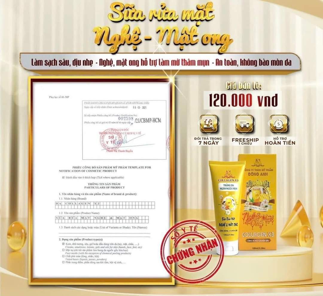 Sữa Rửa Mặt Nghệ Và Mật Ong Collagen X3 Trắng da, Ngăn Ngừa Mụn 100ml