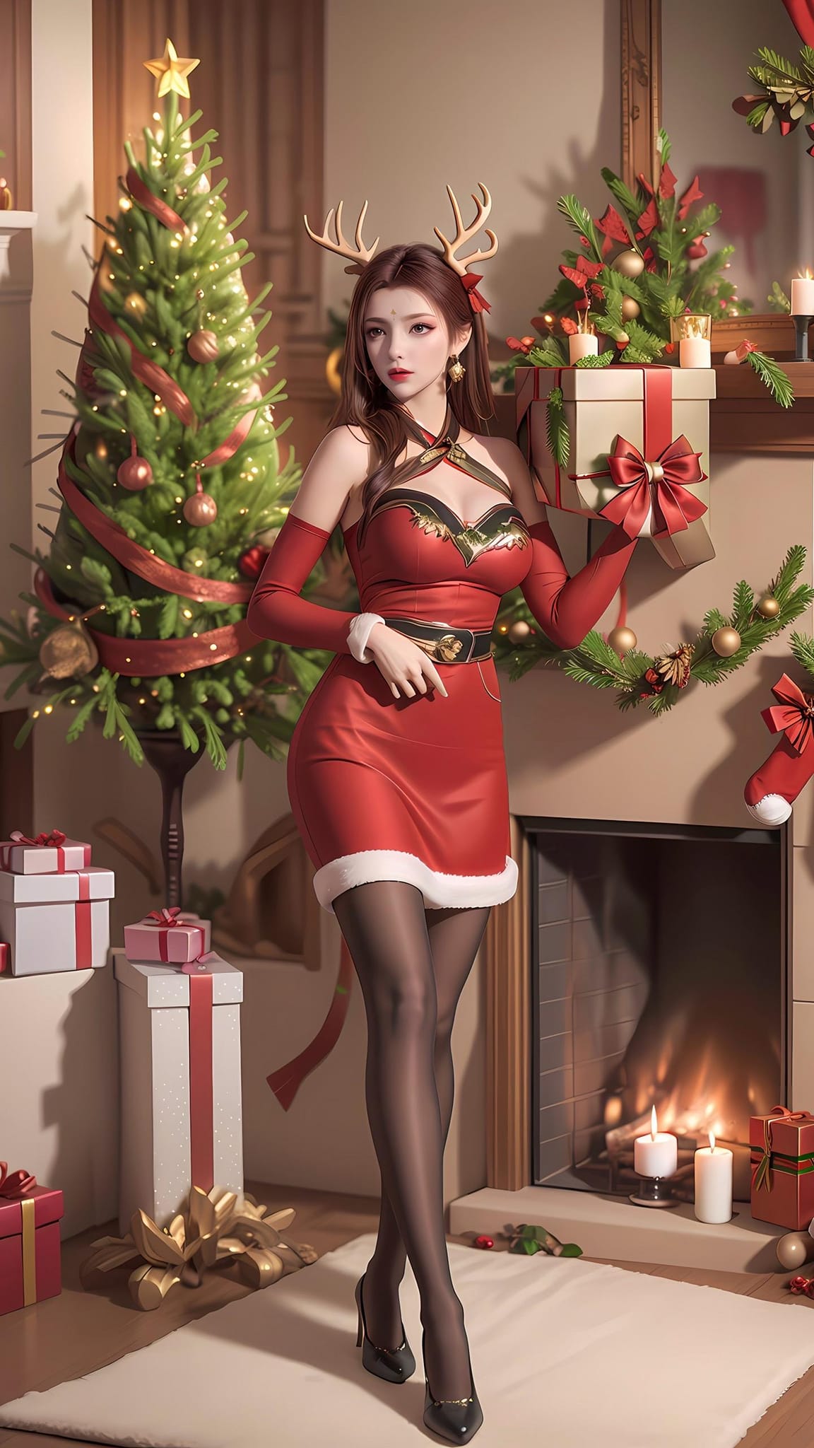 身穿圣诞装的有着梅花鹿角道具的AI美少女