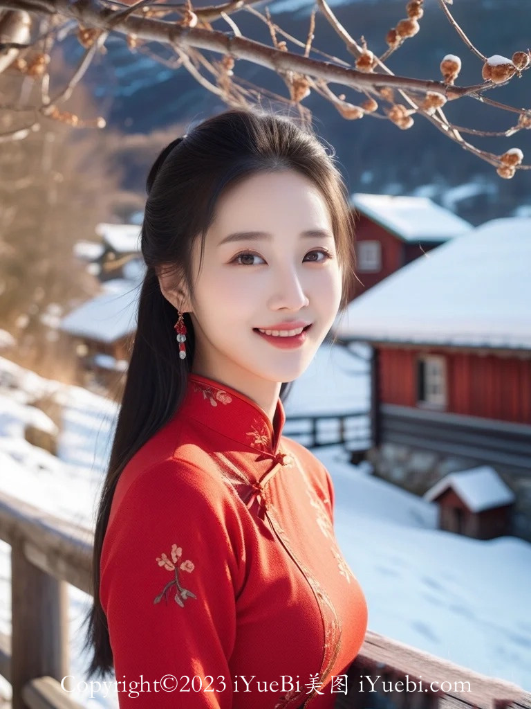 雪地里的中国红旗袍美女模特