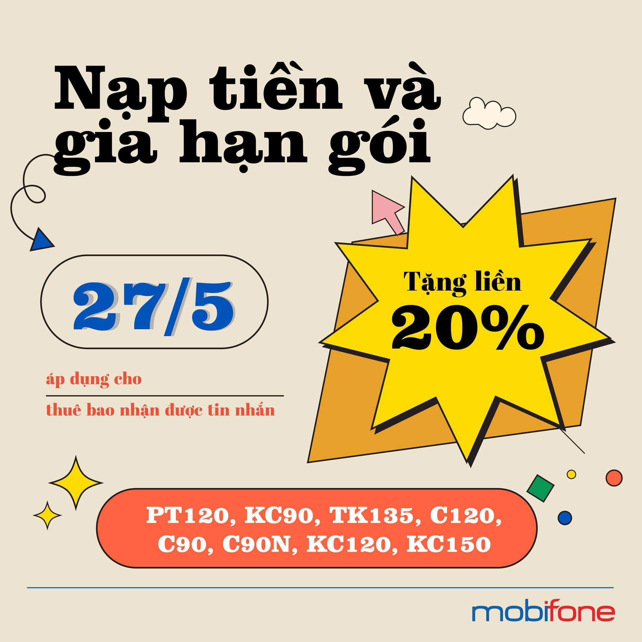 MobiFone khuyến mãi 20% nạp tiền trả trước trong ngày 27/05