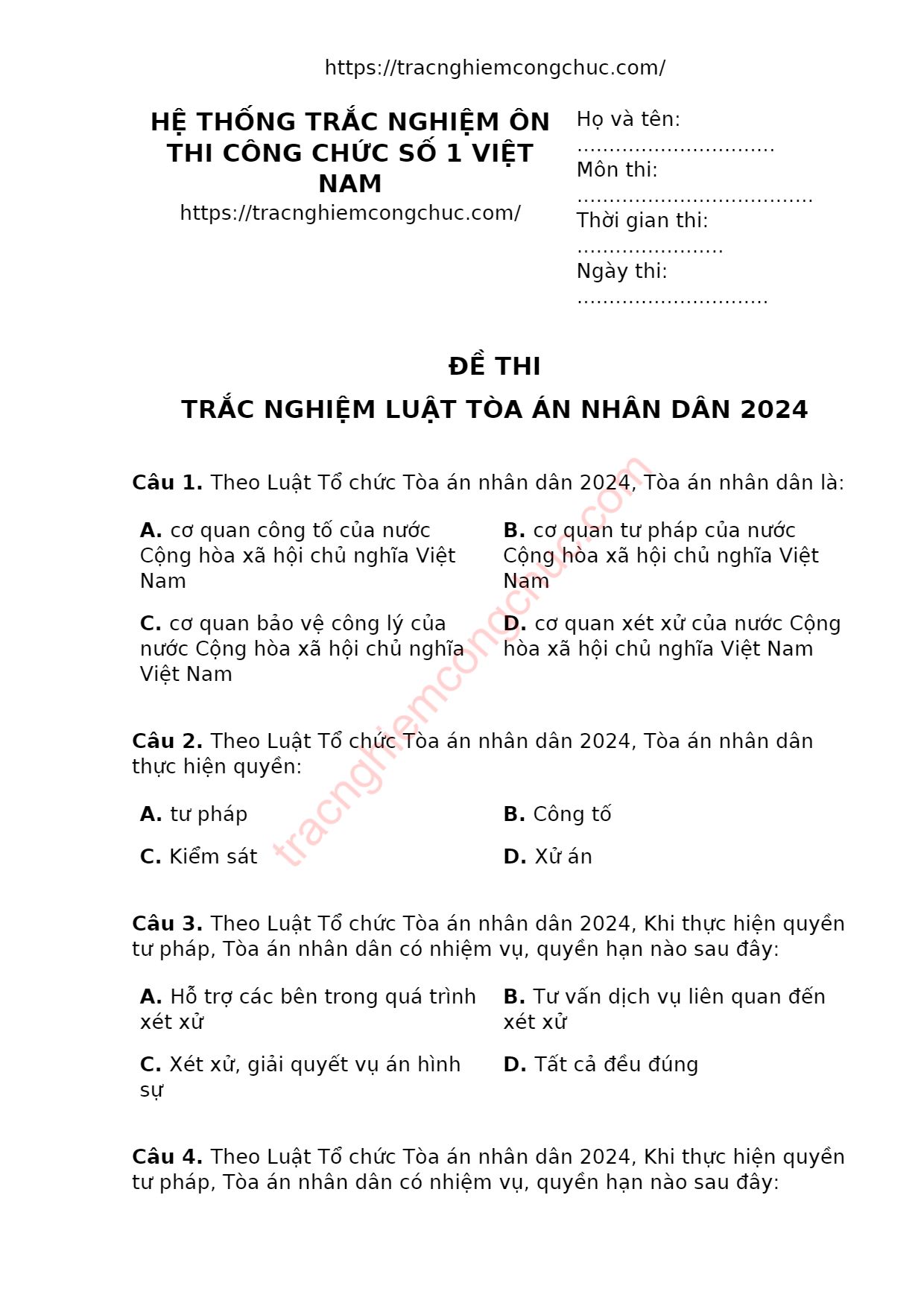 315 câu trắc nghiệm Luật tổ chức Tòa án nhân dân 2024 có đáp án