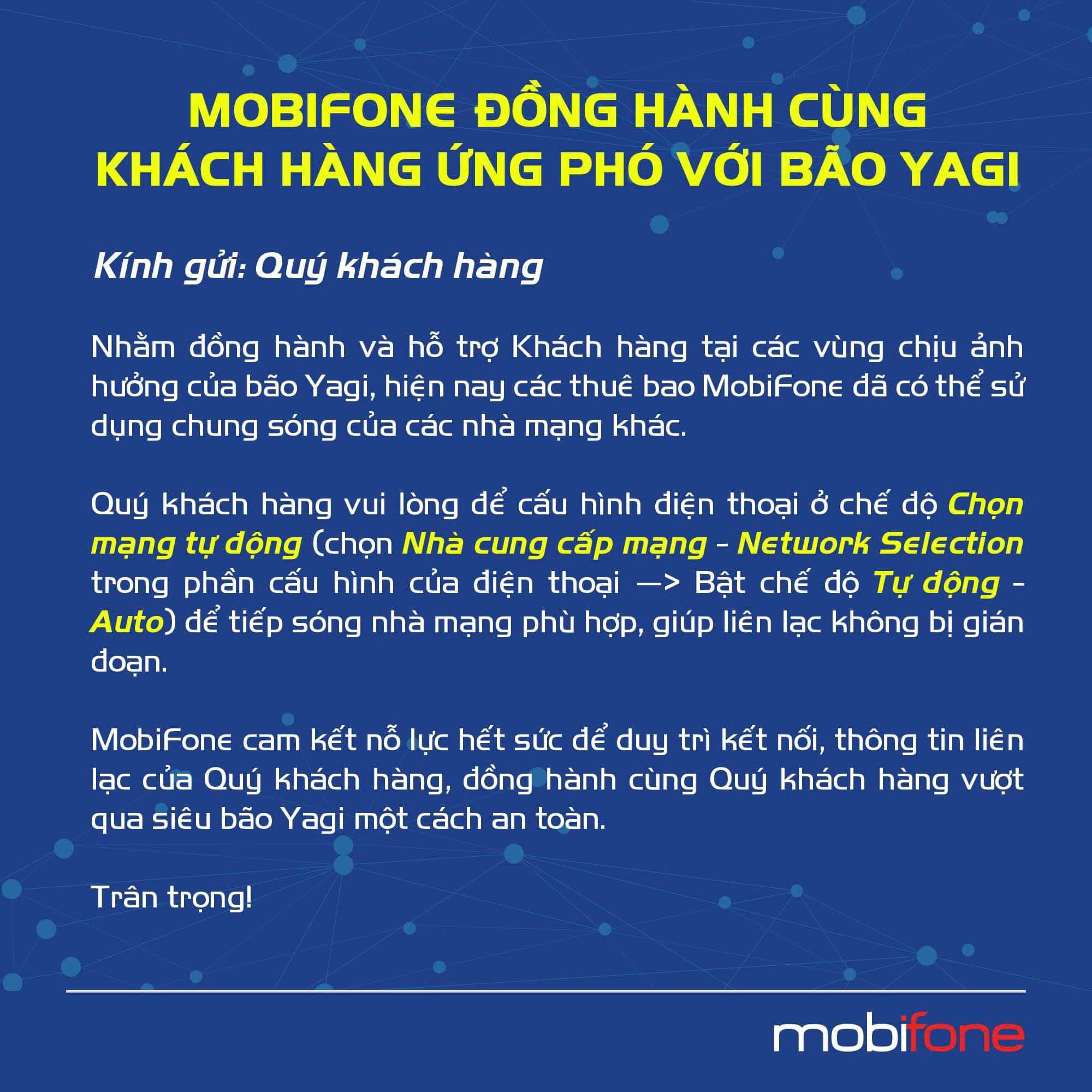 Trong mưa bão Yagi, MobiFone có thể dùng chung sóng với các nhà mạng khác