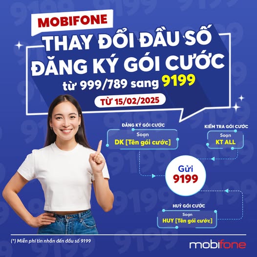 MobiFone thay đổi đầu số đăng ký gói cước sang số 9199