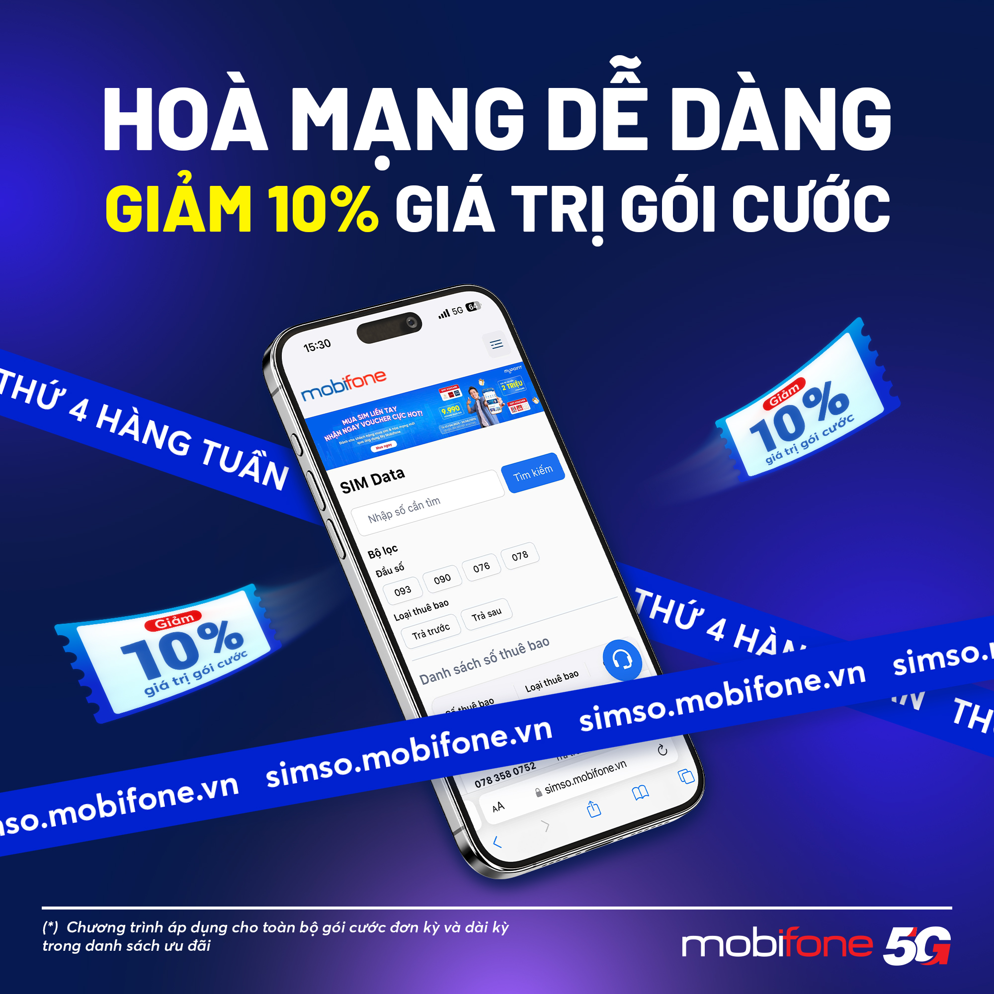 Thứ 4 ngày vàng - Mua SIM Online giảm 10% gói cước MobiFone